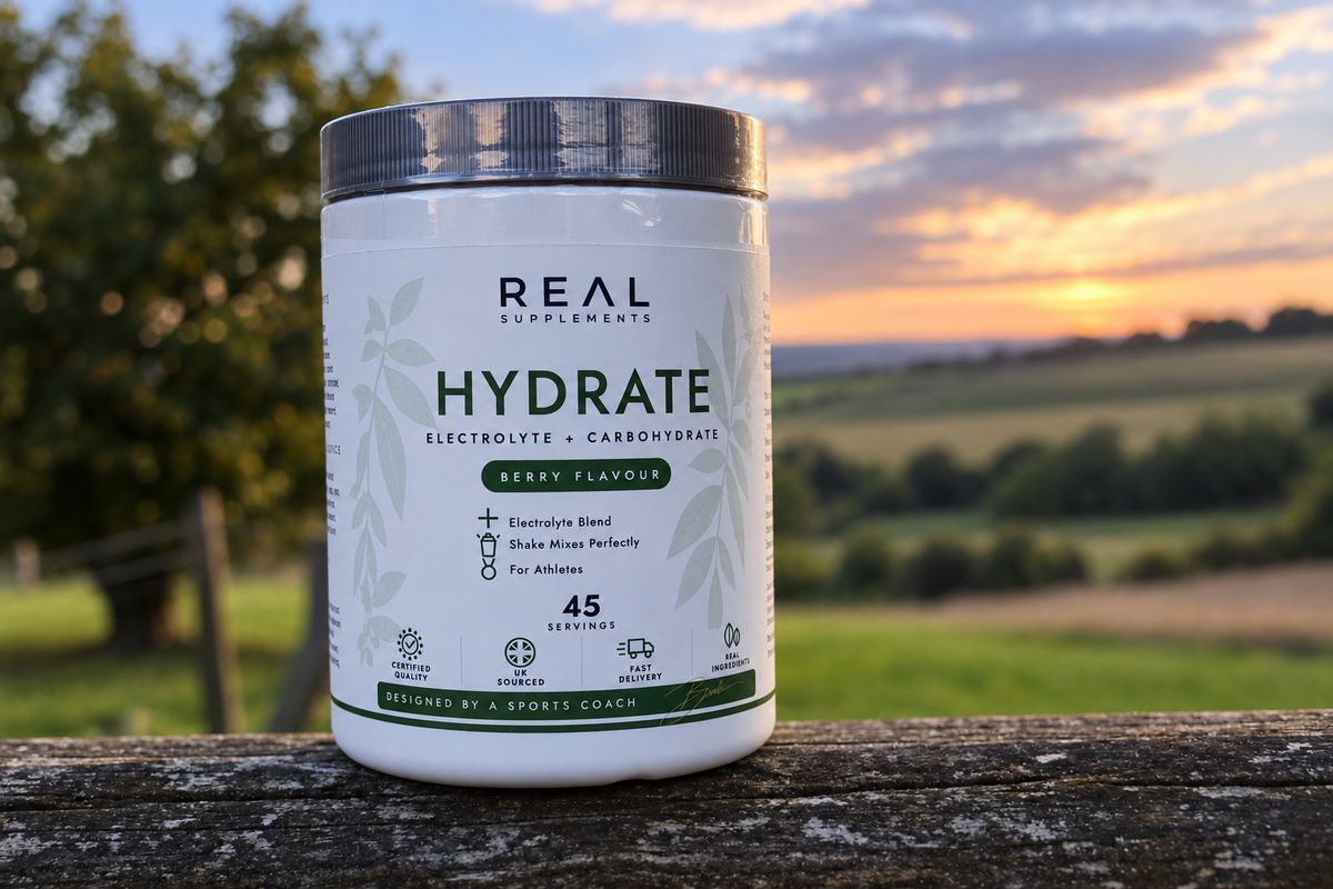 A hand holding a tub of REAL Hydrate berry flavour in a garden