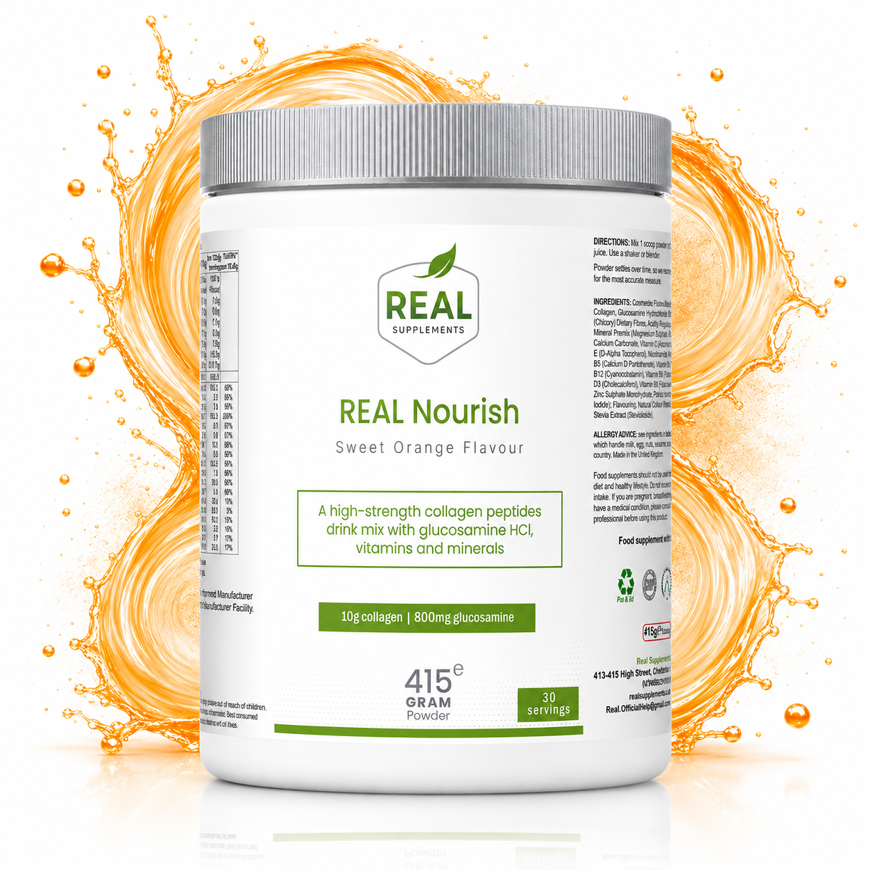 REAL Nourish tub against an orange juice swirl background