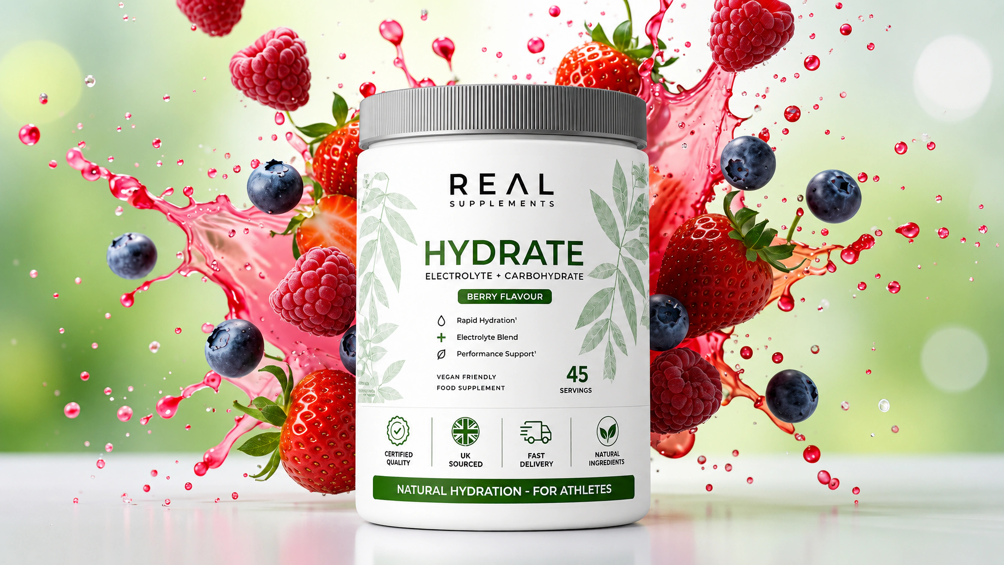 A white tub of REAL SUPPLEMENTS HYDRATE electrolyte powder with berry flavor, surrounded by a dynamic splash of red berries, raspberries, and blueberries against a soft green bokeh background.