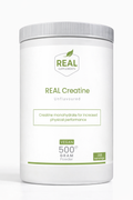 White tub of REAL Creatine unflavoured creatine monohydrate powder, 500g, 100 servings