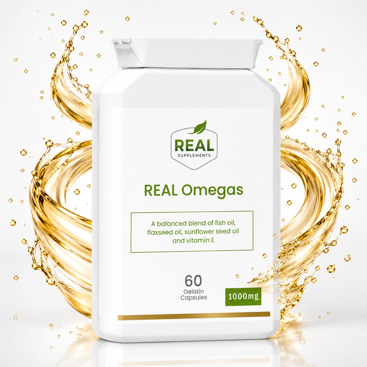 REAL Omegas capsule bottle against a golden oil swirl background