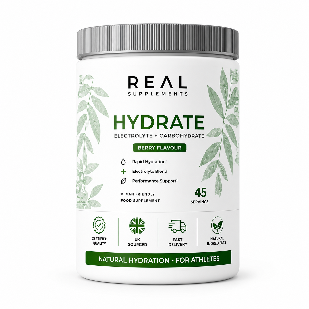 A white plastic tub of Real Supplements Hydrate electrolyte and carbohydrate powder in berry flavour, with a ribbed gray lid and green and black text on the label.